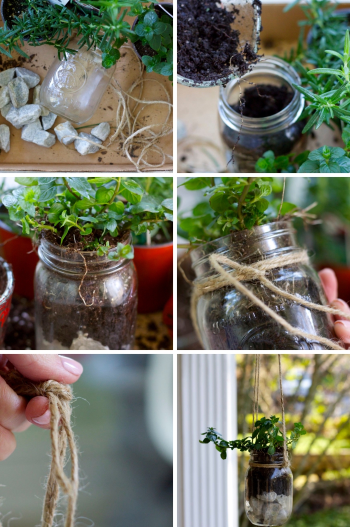 étapes à suivre pour créer une déco en plantes suspendues d'extérieur, faire une suspension pour herbes ou plantes avec maison jar et ficelle