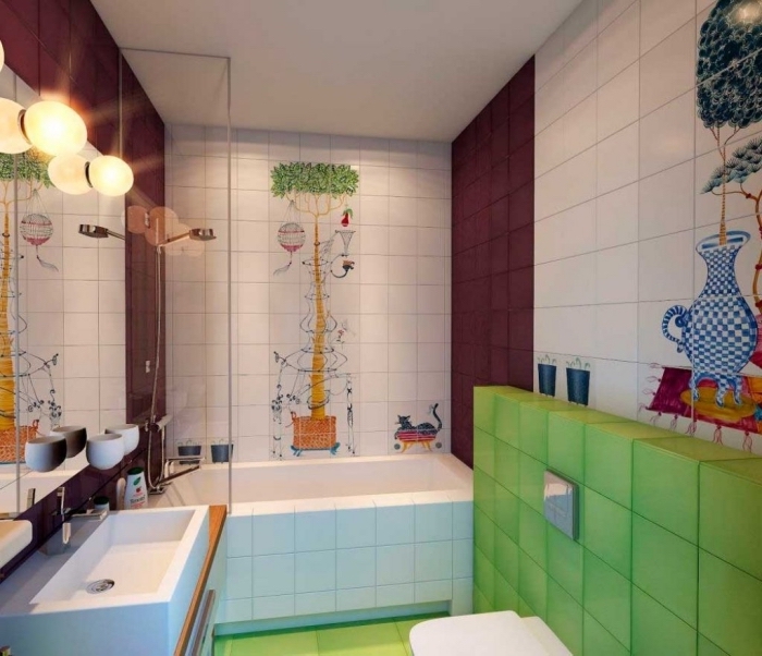 amenagement salle de bain avec petite baignoire, design salle d'eau pour enfant avec carrelage à dessins colorés