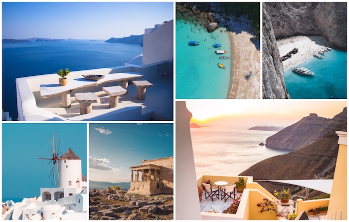 Santorin et Mykonos, iles Grèce pays à visiter 2020, magnifique vue de la mer et la montagne