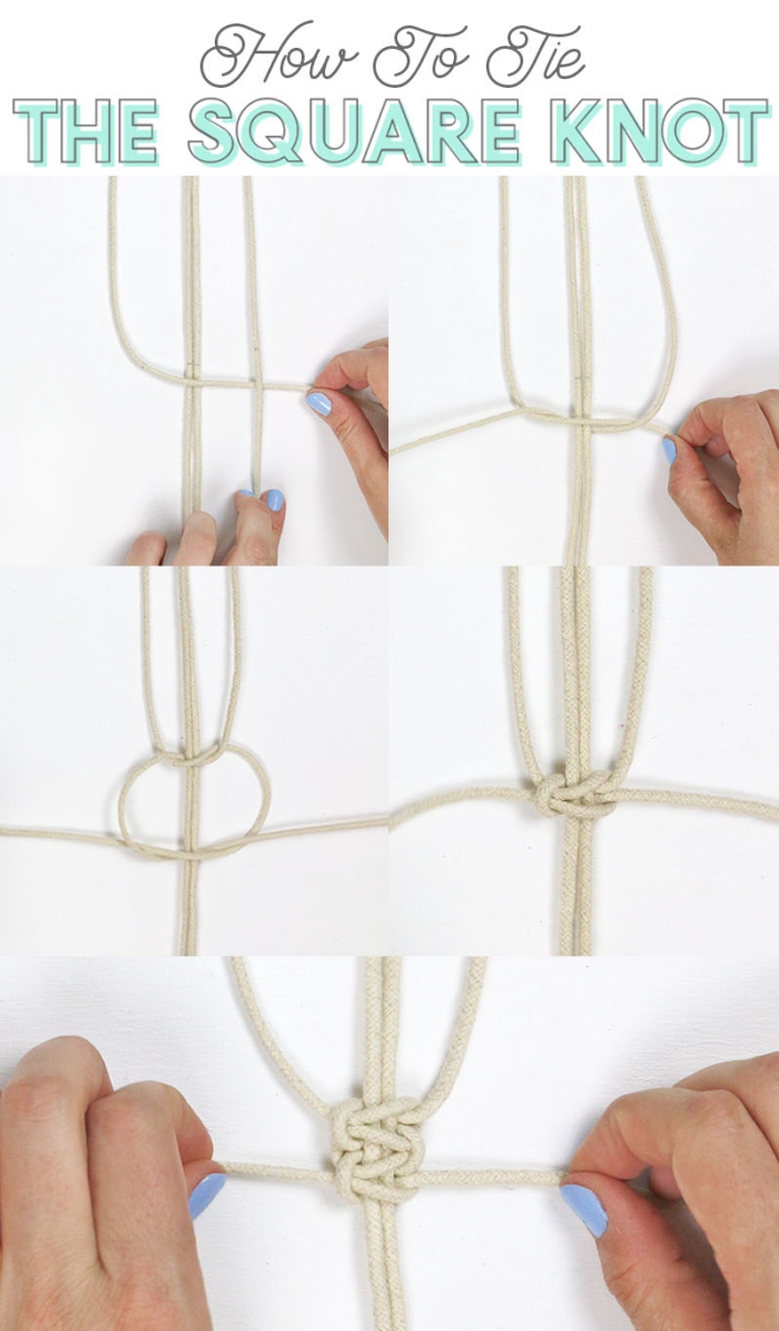étapes à suivre pour faire un noeud plat, comment créer une suspension macramé facile avec corde coton et cercle métal