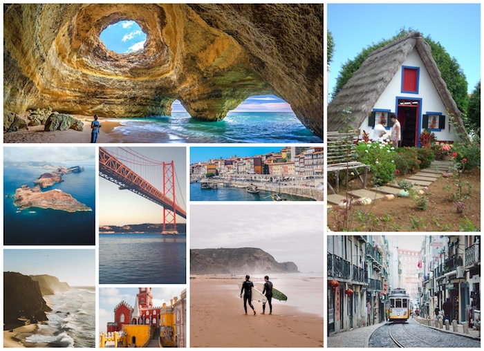 Portugal et ses vues stupéfiant, Algarve cave, océan vues de Madeira, hommes avec surfs, tram jaune de Lisboa