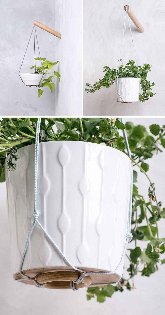 modèle de pot a suspendre blanc aux motifs en relief, décoration murale avec plante verte et suspension en corde macramé
