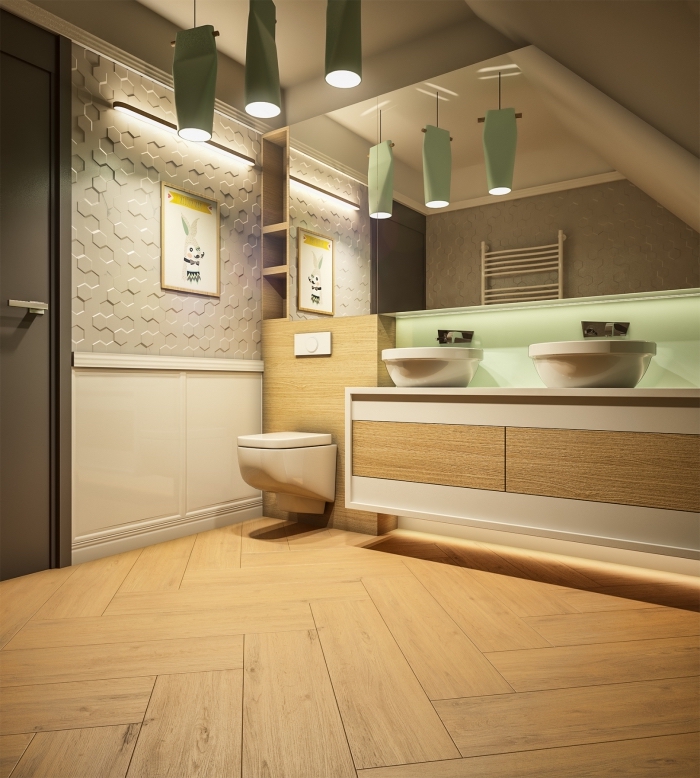 aménager une petite salle de bain moderne aux murs en gris clar et blanc avec accents meubles et sol aspect bois