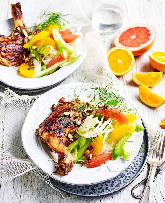 idée repas rapide avec cuisse de lapin roti au four avec salade de pamplemousse, orange et autres légumes