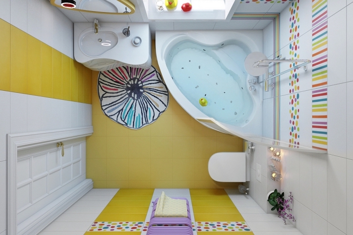 plan d'agencement petite salle d'eau pour enfant, idee deco salle de bain en blanc avec pan de mur et sol en carrelage jaune