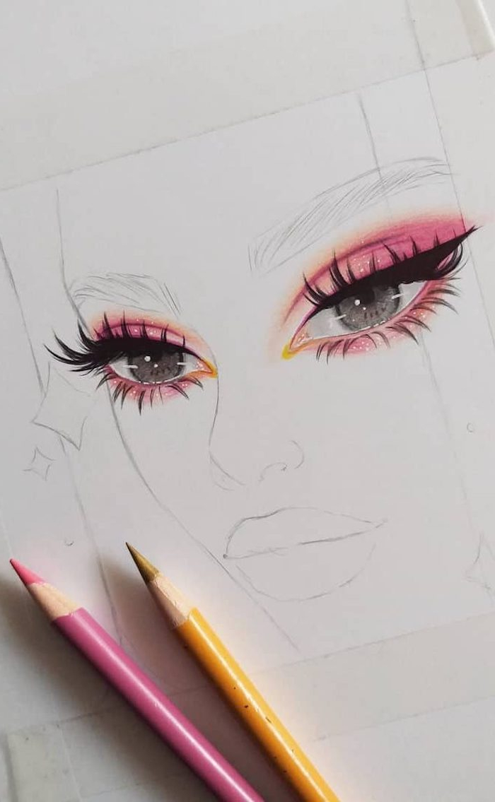 yeux dessin simple des yeux gigantesques verts avec fard à paupières rose et cils énormes, petit nez et grande bouche, dessin hyper realiste