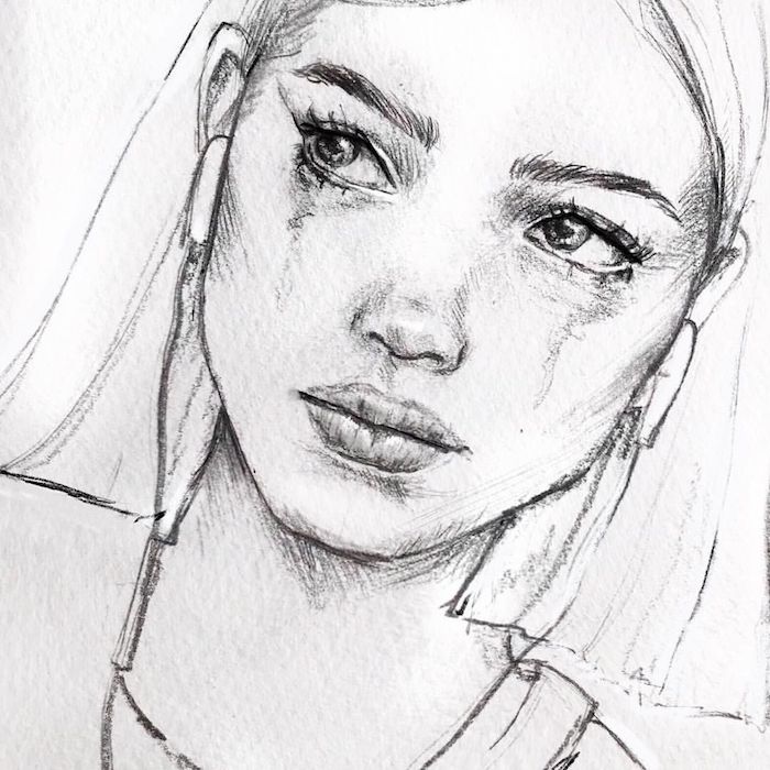 dessin fille en train de pleurer et des écouteurs, idee de fille ado aux yeux clairs, dessin noir et blanc