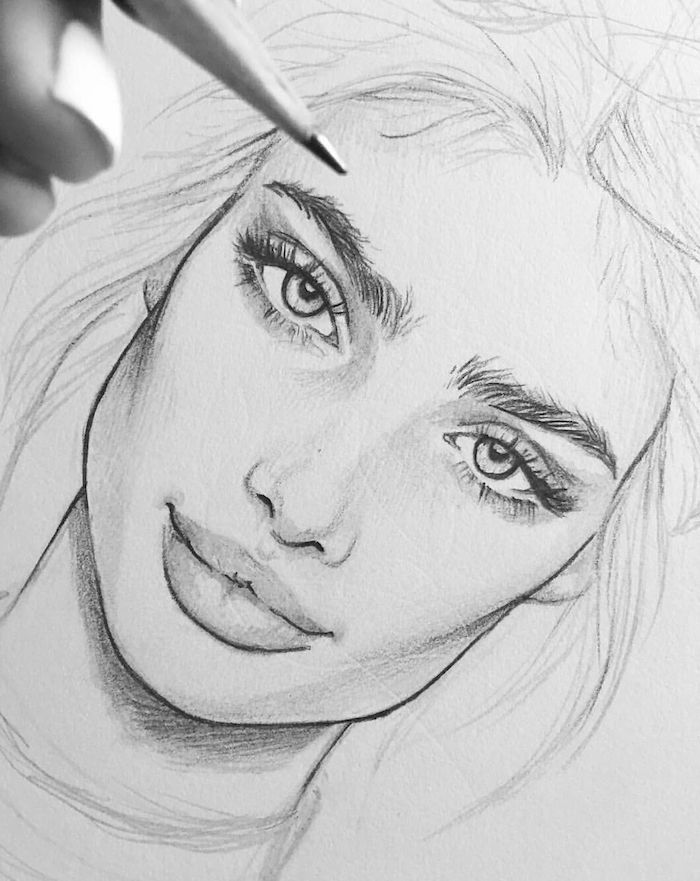 comment bien dessiner une fille aux cheveux longs, des yeux expressifs, grande bouche et petit nez, fille swag dessin, comment dessiner un visage réaliste pour débutant