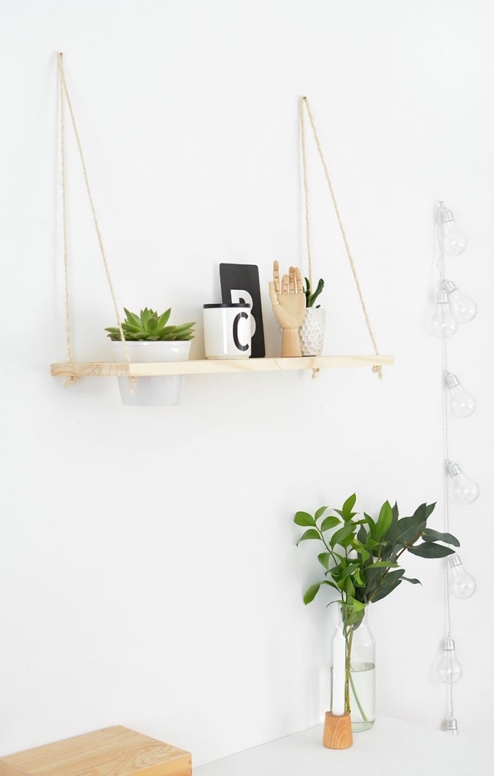 décoration bureau à domicile d'esprit minimaliste en blanc et bois, idée de porte pot de fleur DIY en bois et corde