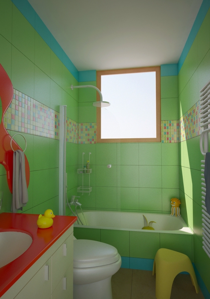 aménagement petite salle de bain pour fille ou garçon, décoration petite salle d'eau verte avec accents en rouge et jaune