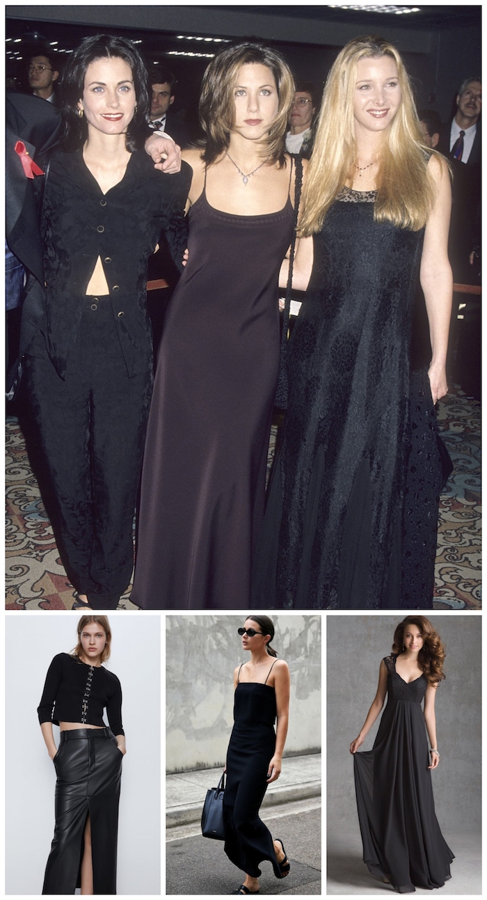Friends soirée gala avec robes longues noires idée avant apres, déguisement année 90, vetement vintage femme chic tenue