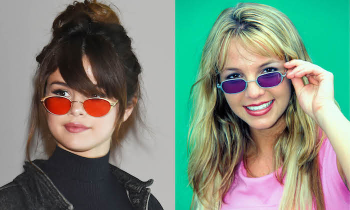 Britney Spears et Selena Gomez le meme style de lunettes colorés, look année 90, vetement vintage femme que prendre de la decade