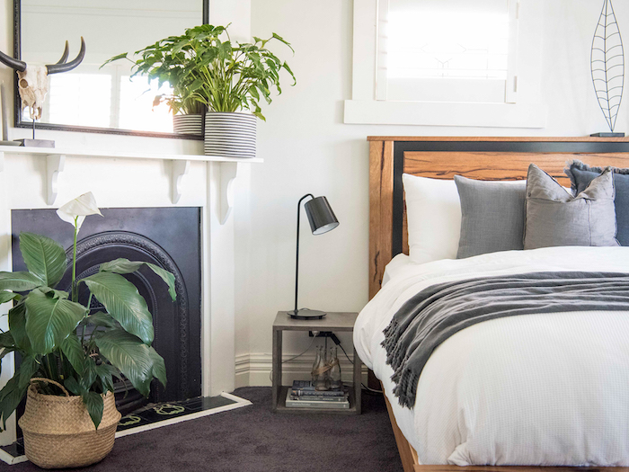 Cheminée chambre à coucher boheme, plante interieur dépolluante et moderne, plante verte sur étagère