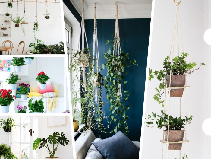 modèles de suspension plante pour intérieur en corde macramé, échelle décorative attachée au plafond avec plantes suspendues