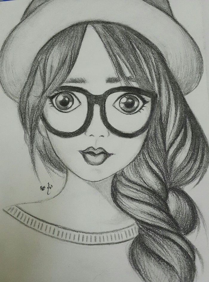 dessin de fille avec une grande tresse de coté et meches rebelles, chapeau melon, lunettes de vue enormes, dessin simple a realiser