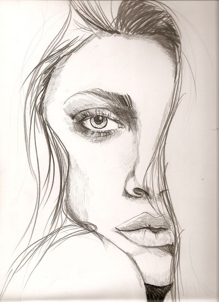 dessin femme facile de visage à moitié caché par une mèche de cheveux, comment dessiner un oeil, bouche levres pulpeuses