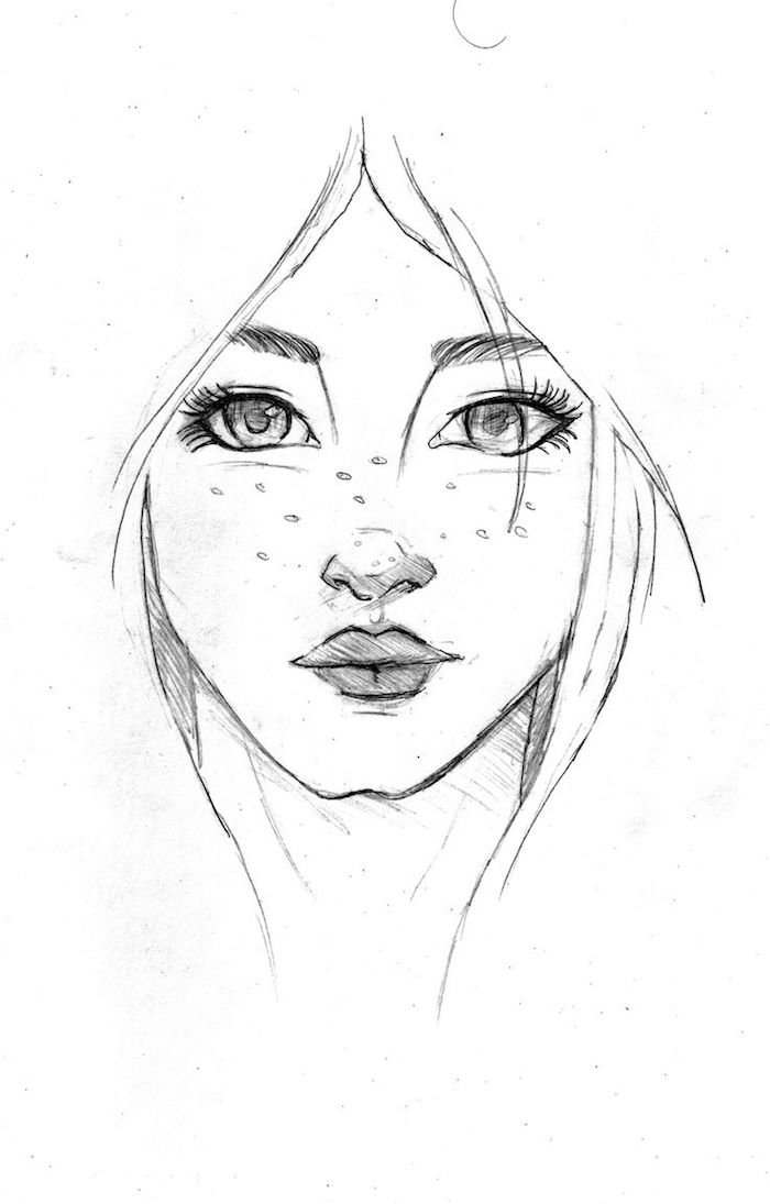 simple dessin noir et blanc de visage de fille aux traits simples, des yeux énormes, petit nez au dessus de bouche aux levres pulpeuses