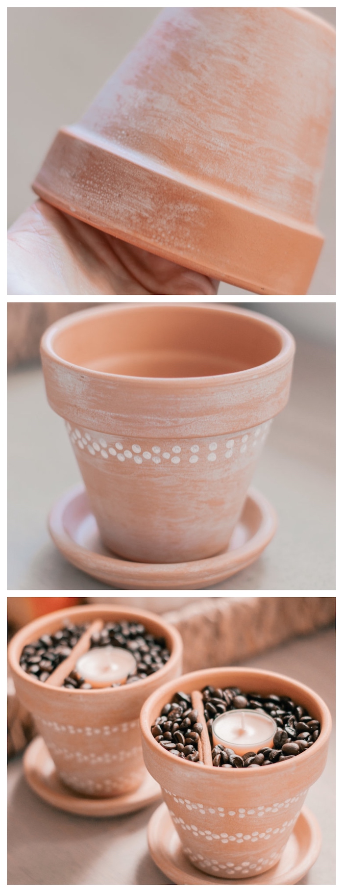 porte bougie diy fabriqué dans un pot de terre cuite recyclé, creation avec des pots de fleurs originale, café, cannelle et bougie