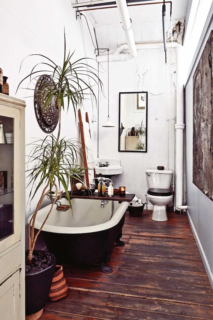 Baignoire vintage idee de salle de bain, peinture et étagères pour le mur salle de bain, palme haute 