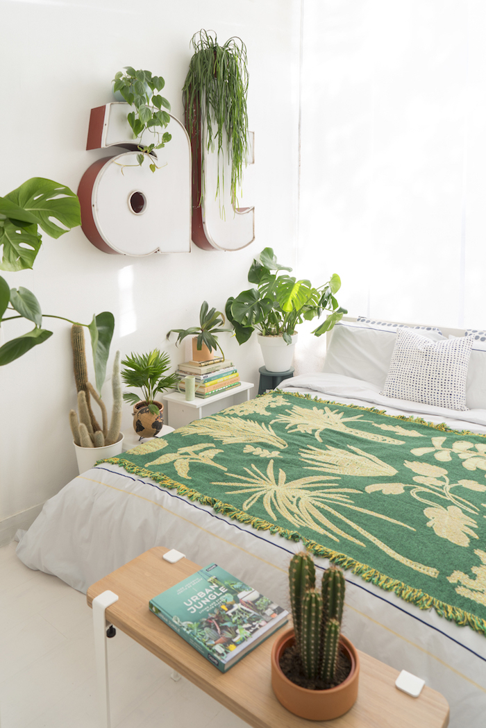 Plantes vertes pour décorer la chambre à couher, cactus dans bot sur banc en bois et métal, inspiration plante tombante intérieur, idée plante pour chambre