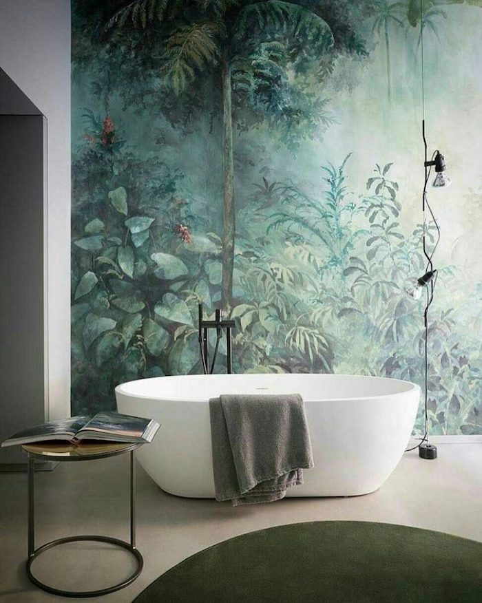Papier peinte photo dessin de jungle, tendance salle de bain, decoration murale moderne baignoire harmonie 