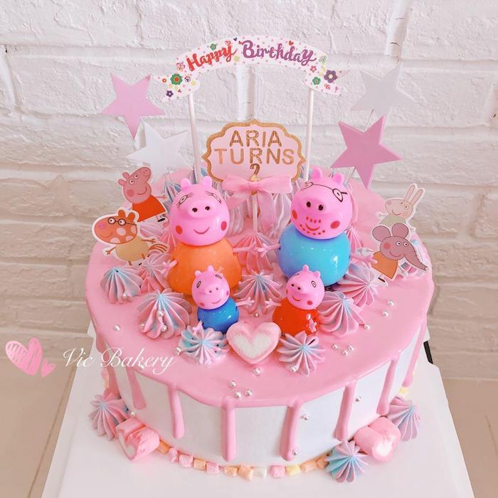Joyeux anniversaire de la famille de peppa pig, idée gateau anniversaire fille avec rose chocolat et bonbons, image gateau anniversaire