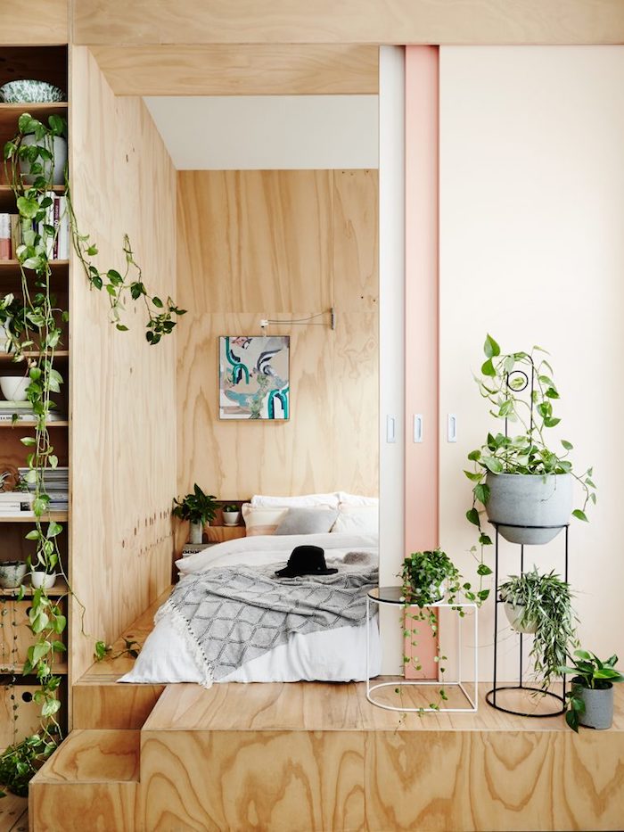 Bois escaliers qui donnent à la pièce à coucher, loft avec coins séparés, plantes dépolluantes, plante d'appartement moderne