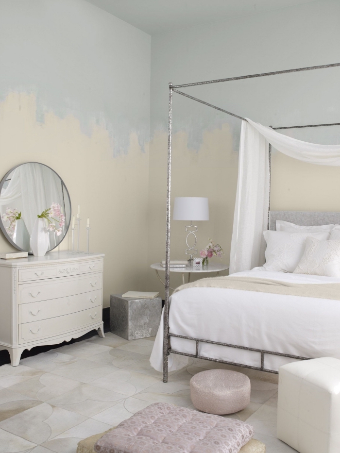 quelles couleurs pour une chambre à coucher de style retro chic, fabriquer une tete de lit facile avec peinture murale