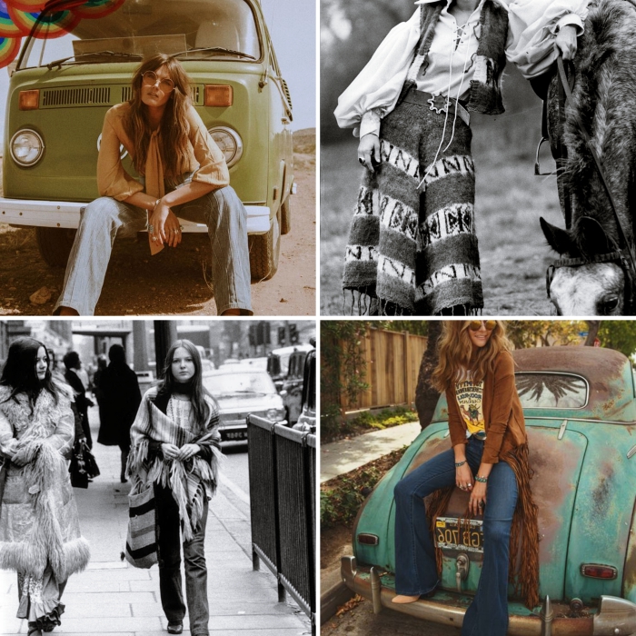 look femme hippie en jeans taille haute et t-shirt avec gilet long à franges, idée de mode années 70 hippie pour femme