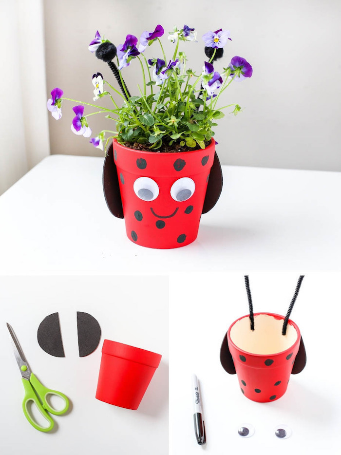idee activité manuelle printemps maternelle avec motif coccinelle peint en peinture rouge et pois noirs, plante à l interieur, antennes en cure dent
