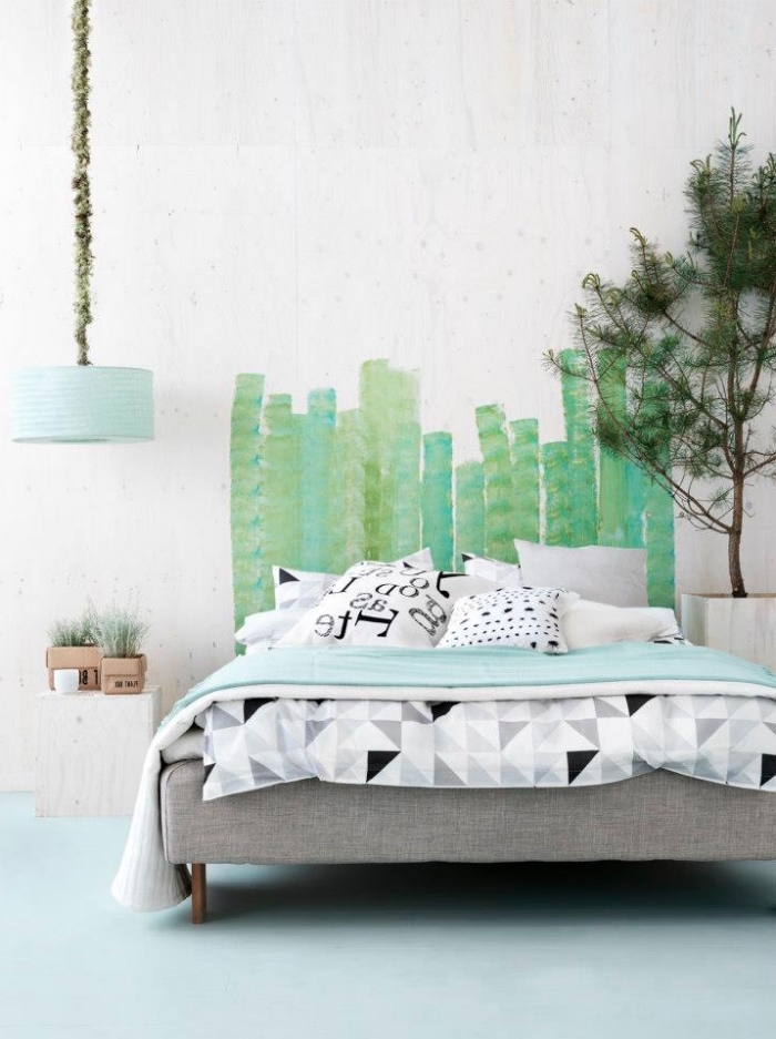 comment décorer une chambre enfant moderne en blanc et gris avec accents verts, exemple de tete de lit moderne