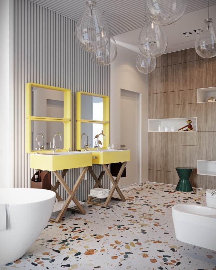 modele de salle de bain contemporaine avec murs aspect bois et meuble lavabo en bois et couleur jaune pastel