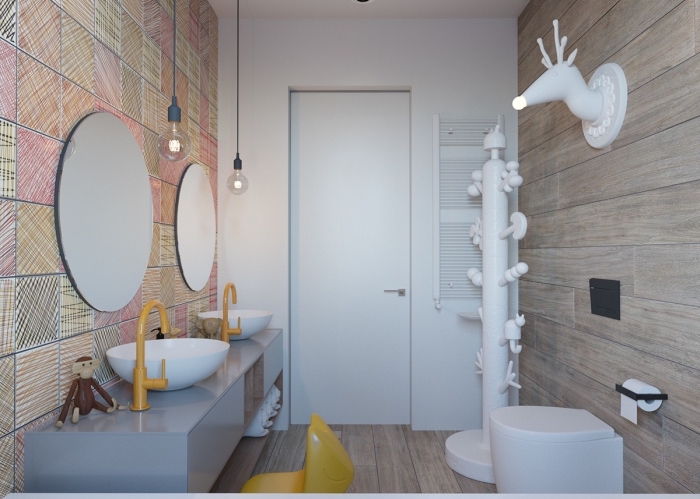 design intérieur moderne dans une salle d'eau aux murs en carrelage aspect bois, pinterest salle de bain petit espace