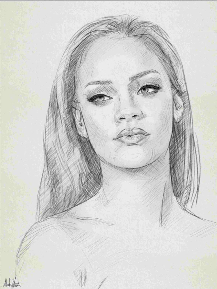 dessin au crayon portrait femme noir et blanc, rihanna dessin a reproduire, comment dessiner un visage réaliste pour débutant