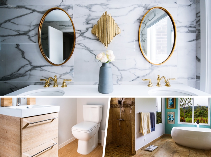 comment décorer une salle de bain moderne en marbre et or, idée revêtement mural pour salle de bain en carrelage tendance
