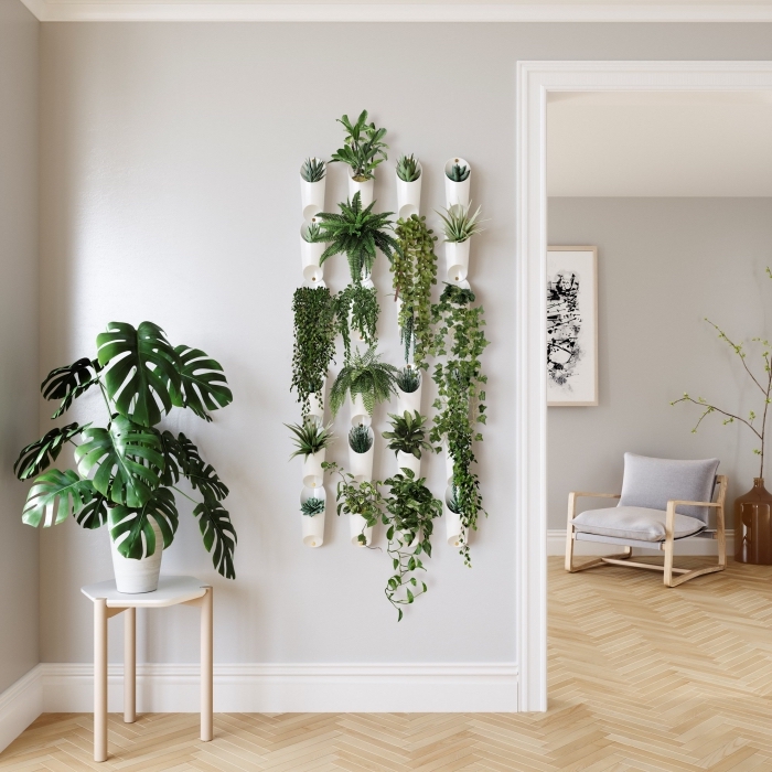 exemple comment réaliser une décoration murale avec plantes vertes, salon minimaliste en gris et bois avec plantes vertes