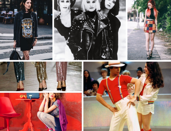 mode année 70 disco, modèles de pantalons disco à sequins colorés combinés avec chaussures à talons hauts