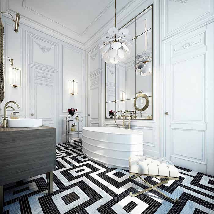 Noir et blanc mosaique carrelage, inspiration salle de bain tendance, simple déco pour renouveler la salle de bain et la faire stylée 