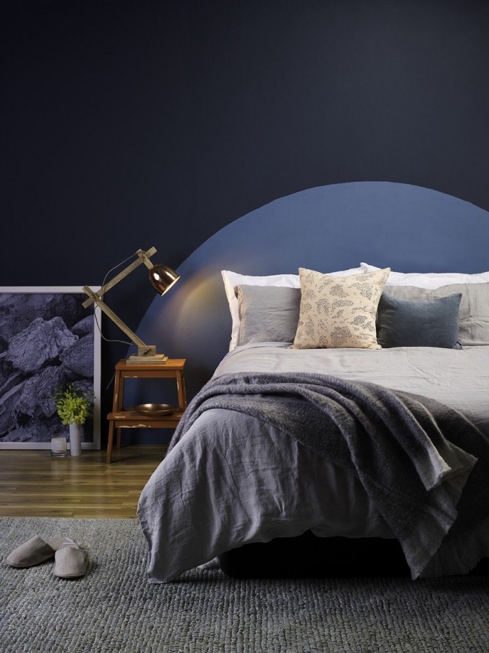 quelle peinture mur chambre tendance 2020, design chambre contemporain aux murs foncés avec tête de lit en bleu