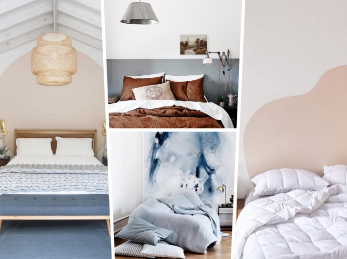 comment tete de lit moderne soi-même avec peinture murale, design chambre minimaliste aux murs blancs avec déco murale en peinture beige