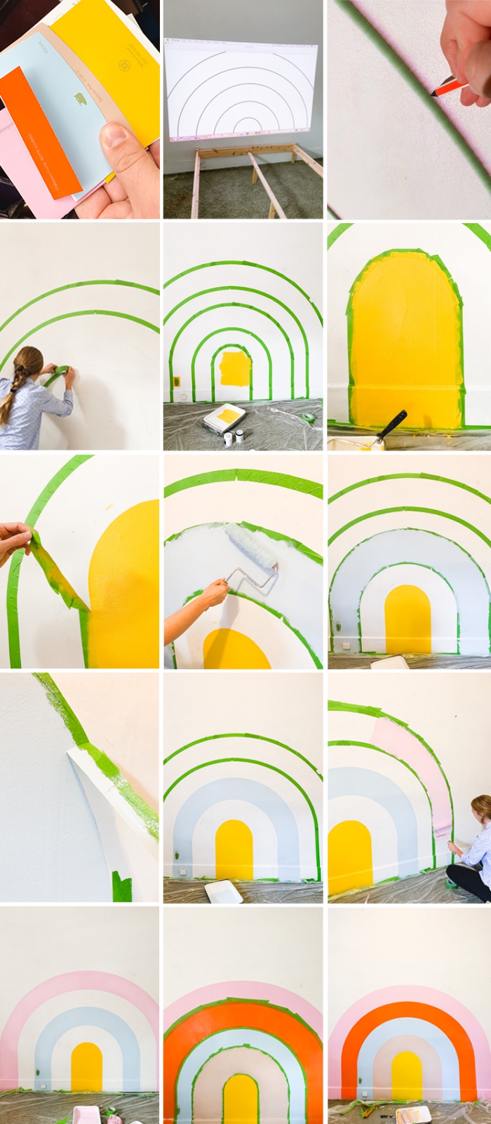 étapes à suivre pour faire une tete de lit peinture facile, idée comment décorer une chambre d'enfant avec peinture arc-en-ciel