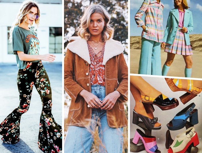 mode année 70 de style hippie, tenue en jeans taille haute et blouse à décolleté tressé aux motifs feuilles avec manteau suède