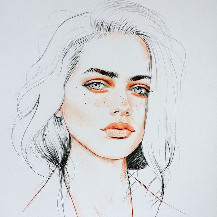dessin femme fille swag avec visage coloré, des yeux gris, contour bouche, joues, peau, yeux couleur peau orange pâle, cheveux noir et blanc