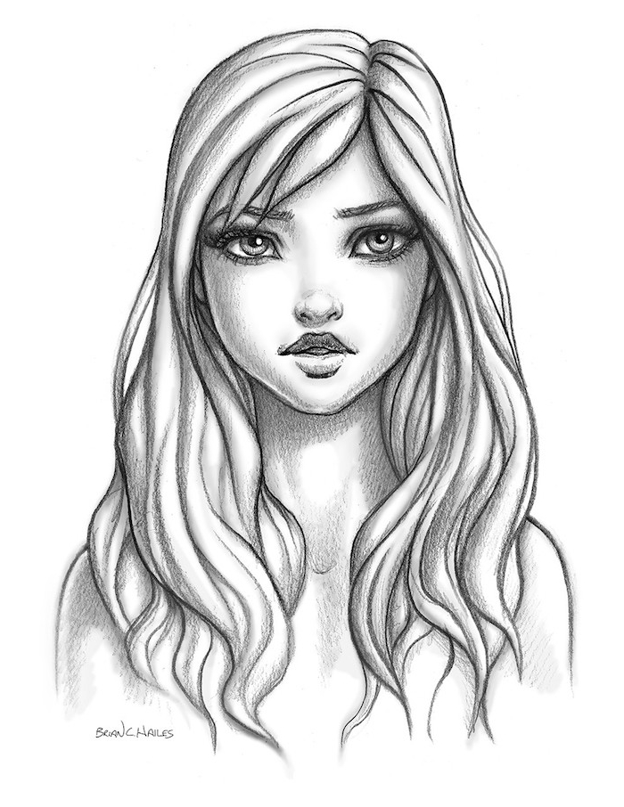 visage fille dessin à reproduire, fille aux cheveux long avec frange de coté, des yeux clairs, petite bouche et nez minimaliste