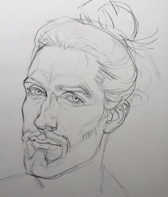 crayon dessin homme esquisse de dessin simple, visage d homme aux cheveux longs attachés en chignon et traits prononcés