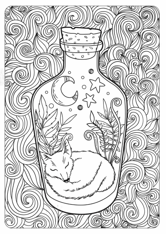 Dessin de renard dans bouteille foret, coloriage anti-stress dessin zen motif spirales activité manuelle pour se sentir meilleur
