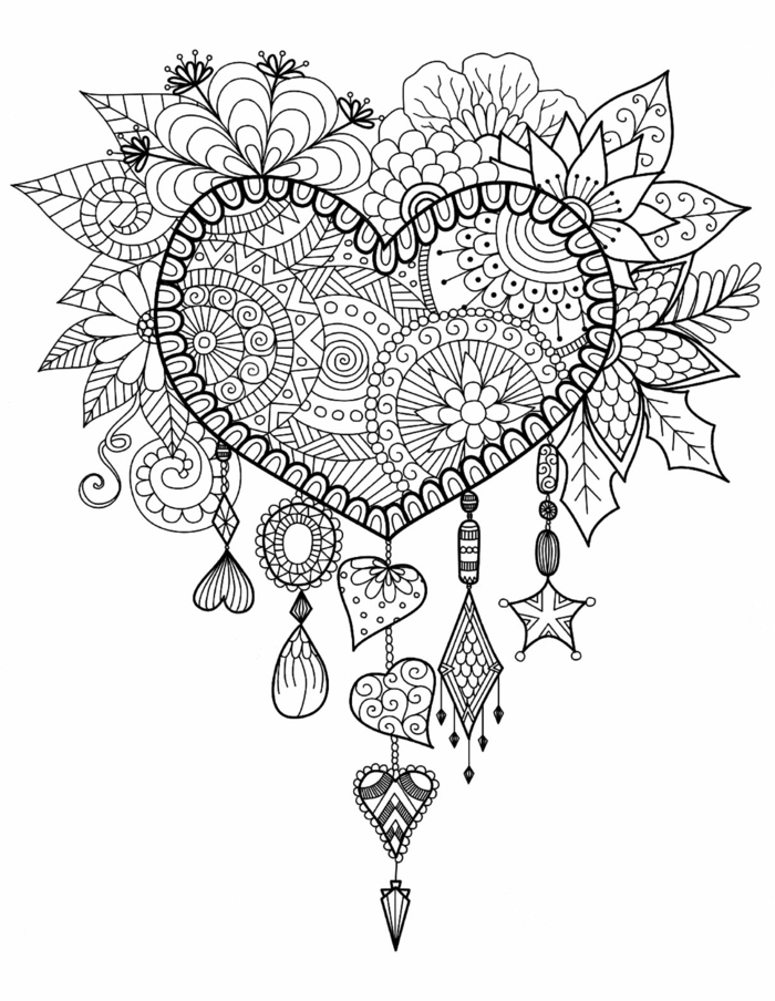 Coeur à motif mandala fleurie coloriage adulte, idée dessin zen à retracer quand on s ennuie coloriage anti-stress 