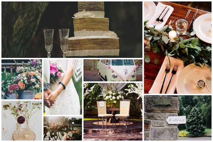 Idée comment décorer la réception pour un mariage boheme chic, mariage en extérieur deco champetre collage