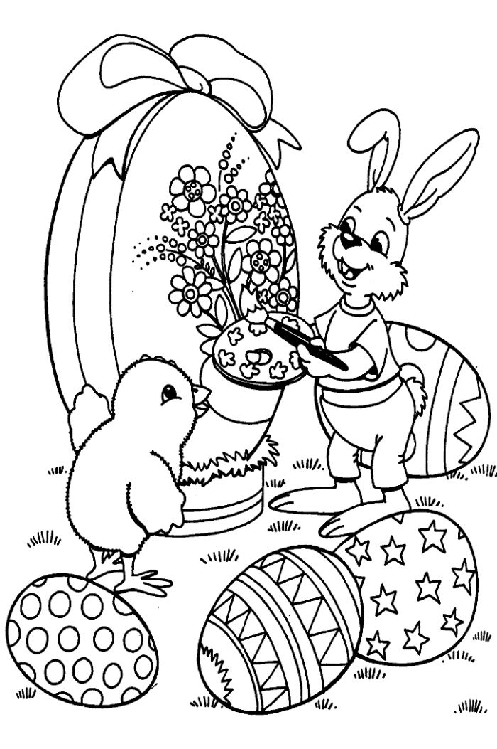 dessin oeuf de paques facile pour enfants, idée coloriage simple avec oeufs et animaux pour la fête de Pâques