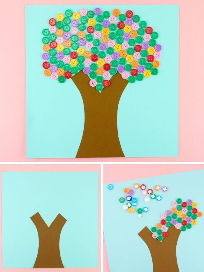 idée comment fabriquer un arbre en boutons colorés et papier, activité manuelle maternelle de printemps